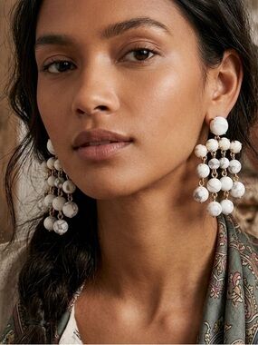 Anthropologie Adore White Marble Beaded Tiered Chandelier Statement Earrings